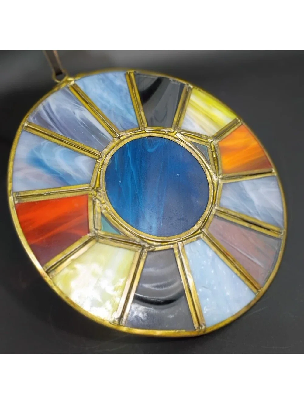 Vtg OOAK Round Symmetric Leaded Stained Glass Suncatcher Window Hanging Blue Eye
